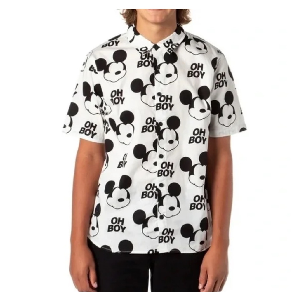 Disney Collection by Neff “Oh Boy”, Faceless Mickey Mouse Print Button Up Shirt